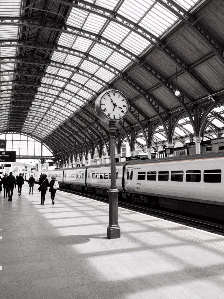 Bristol Train Station Clock Under Vaulted Iron Roof at Midday with Commuters in in Bristol, United Kingdom