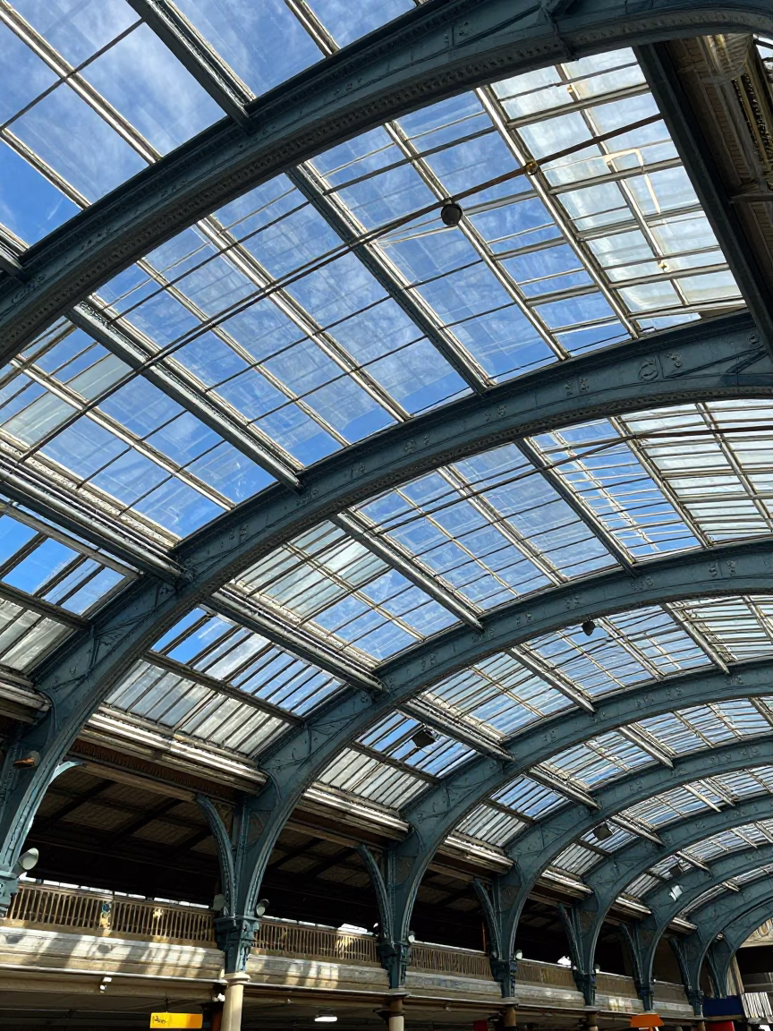 Bristol Train Station Glass Roof Noon Light and Painted Crate in in Bristol, United Kingdom
