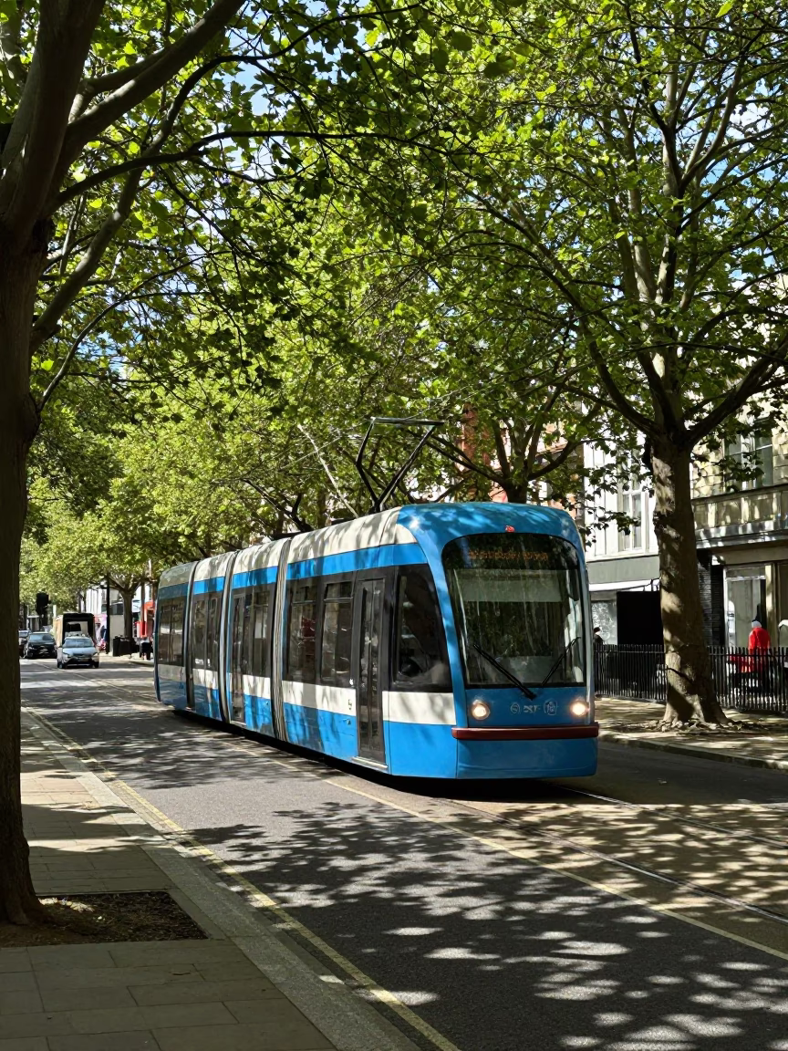 Bristol Tramcar on Tree-Lined Boulevard at Midday in United Kingdom in in Bristol, United Kingdom