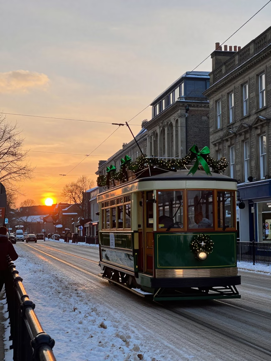 Bristol Tramway Christmas Decorations on Snowy Avenue at Sunset in in Bristol, United Kingdom