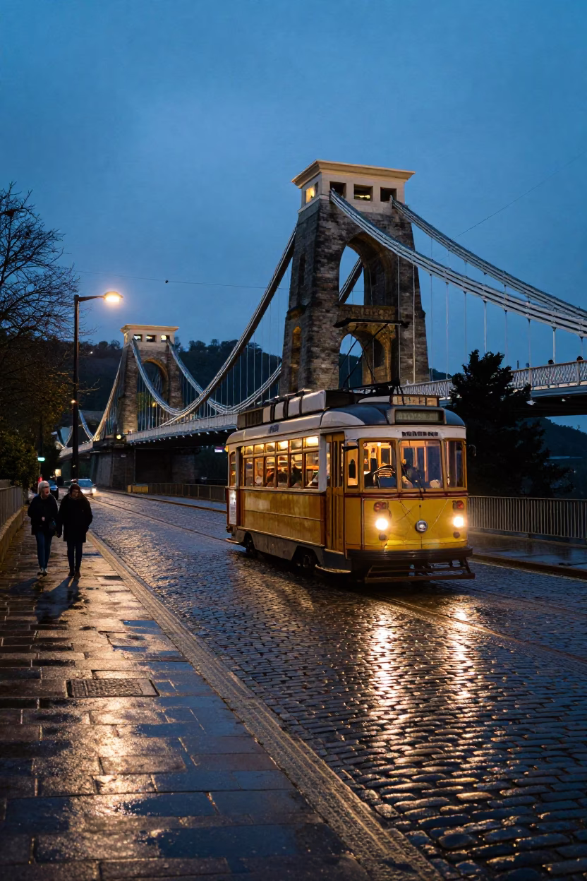 Bristol Twilight Heritage Tram Crossing Cobblestone Avenue Near Clifton Suspension Bridge in in Bristol, United Kingdom