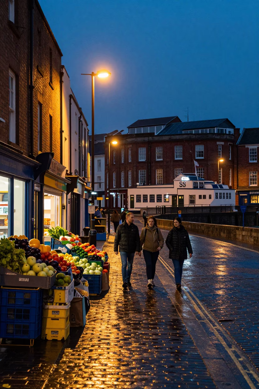Bristol Twilight Street Scene with Colorful Produce and Local Market Ambiance in in Bristol, United Kingdom