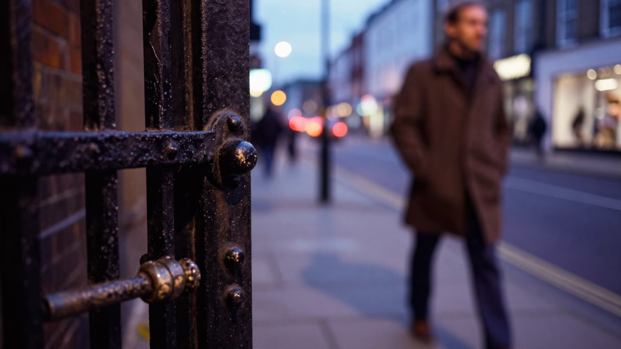 Bristol Twilight Street Scene with Gate Handle and Tool Hooks in in Bristol, United Kingdom