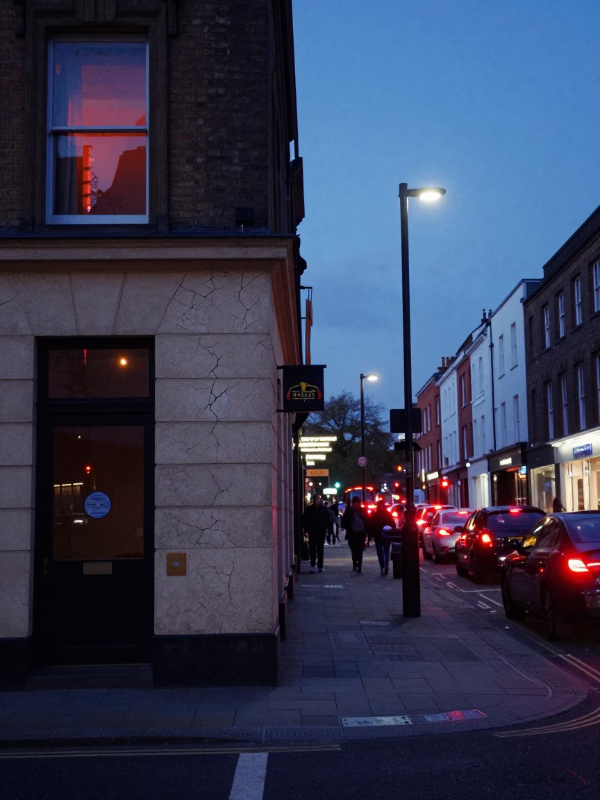 Bristol Twilight Street Scene with Hotel Reflections and Cracked Stucco in in Bristol, United Kingdom