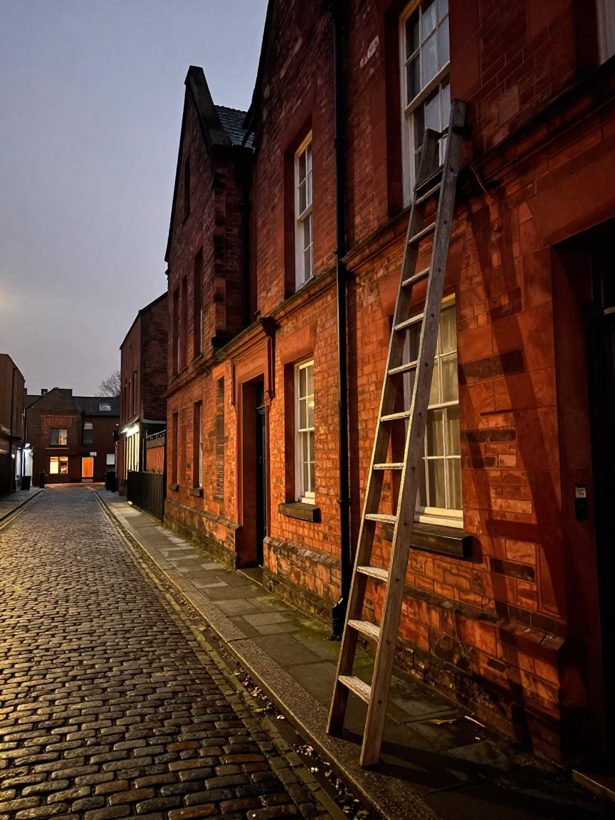 Bristol Twilight Street Scene with Wooden Ladder and Condensation on Shelf in in Bristol, United Kingdom