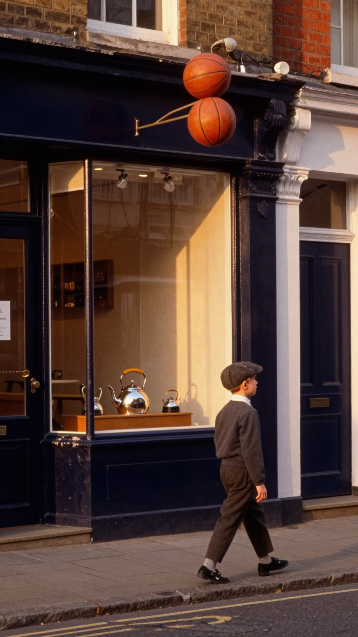 Bristol UK 1950s Evening Street Scene with Leather Basketball and Tea Kettle in in Bristol, United Kingdom