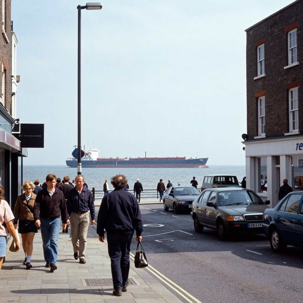 Bristol UK 1970s Street Scene with Cargo Ship Horizon and Local Life in in Bristol, United Kingdom