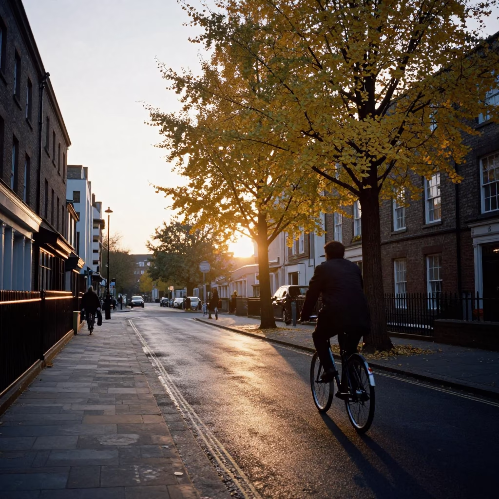 Bristol UK Evening Street Scene with Bicycle and Ginkgo Tree at Sunset in in Bristol, United Kingdom