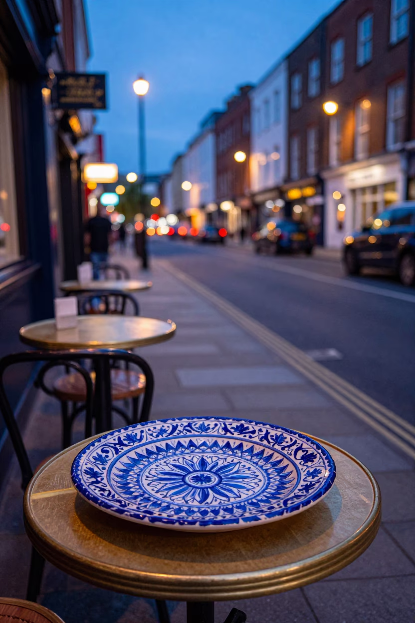 Bristol UK Evening Street Scene with Vintage Italian Majolica Plate on Table in in Bristol, United Kingdom
