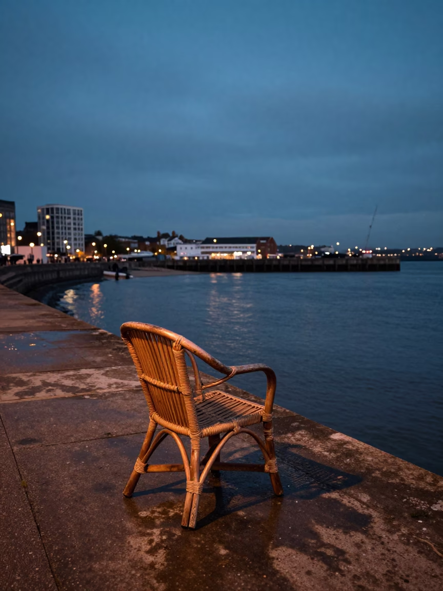 Bristol UK Harbor Breakwater at Dusk with Blue Hour Sky and Rattan Chair in in Bristol, United Kingdom