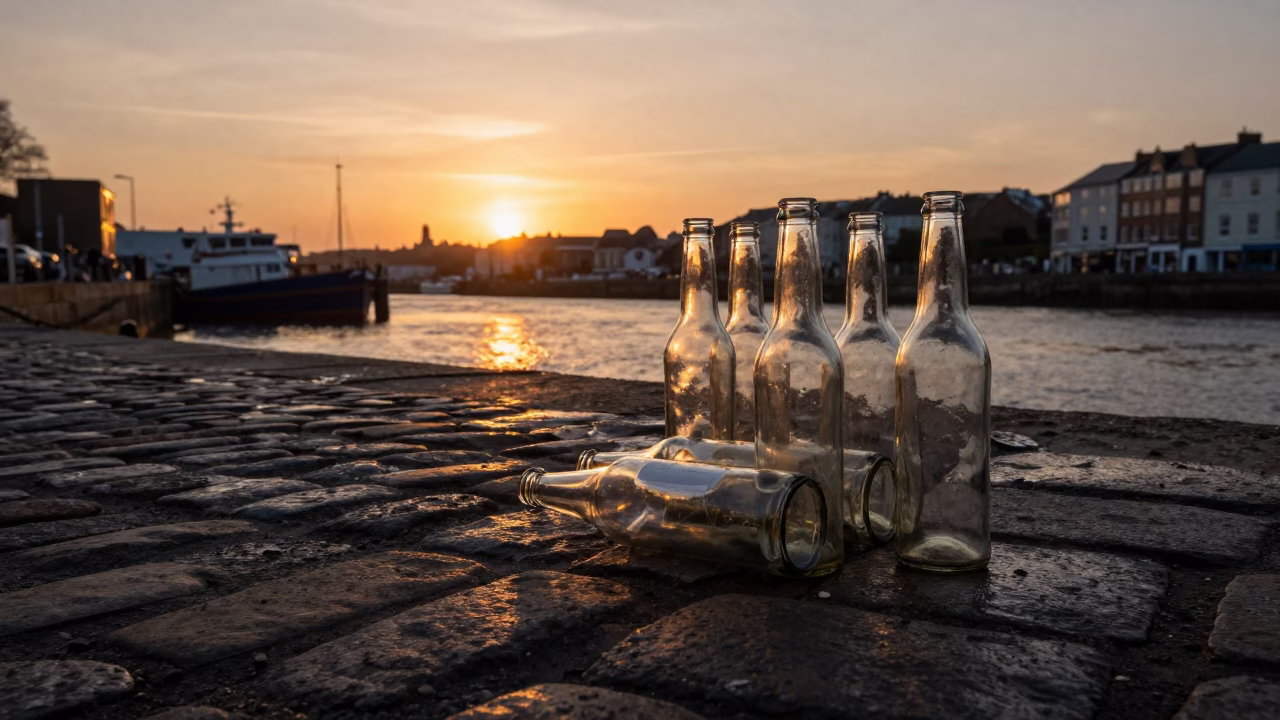 Bristol UK Harbor Sunset Glass Bottles on Cobblestones 1980s Style in in Bristol, United Kingdom