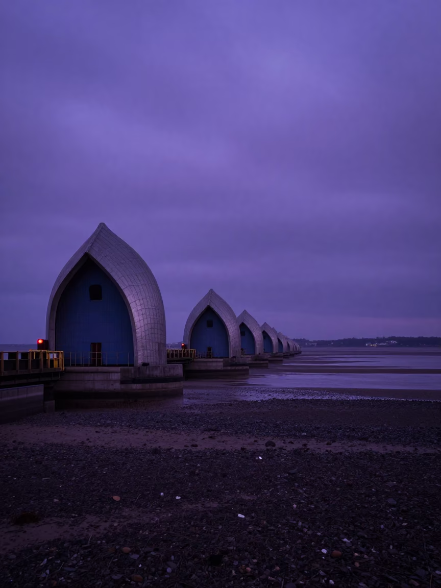 Bristol UK indigo twilight storm surge barrier across windswept estuary horizon in in Bristol, United Kingdom