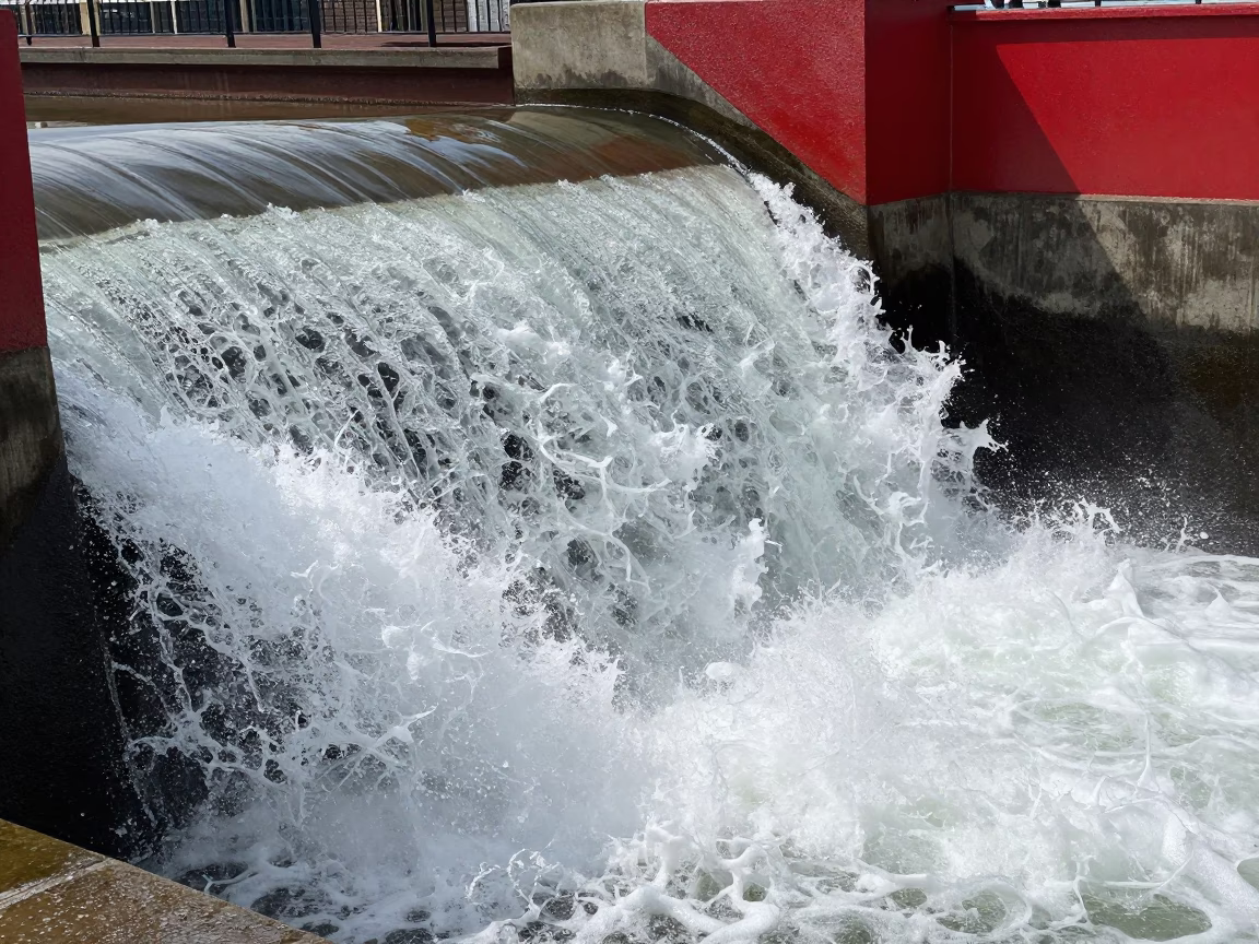 Bristol UK noon spillway chute boiling white beneath red maintenance railings in in Bristol, United Kingdom