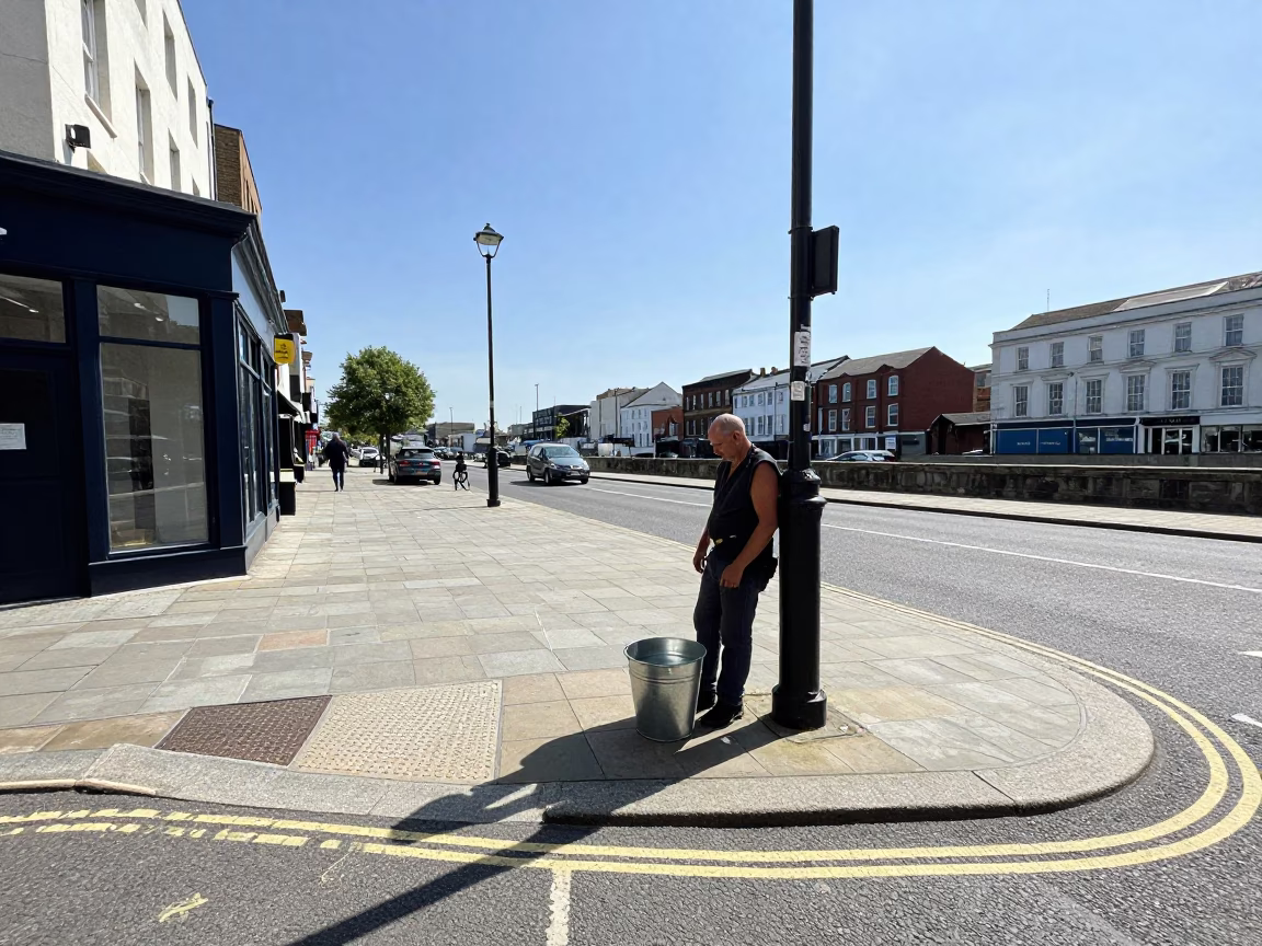 Bristol UK Noon Street Scene with Metal Bucket and Raincoats in in Bristol, United Kingdom