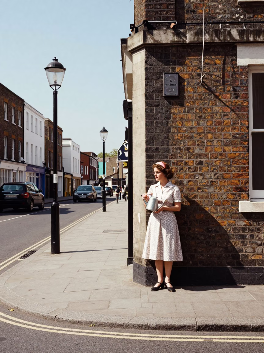 Bristol UK Noon Street Scene with Watering Jug and Vintage 1960s Atmosphere in in Bristol, United Kingdom