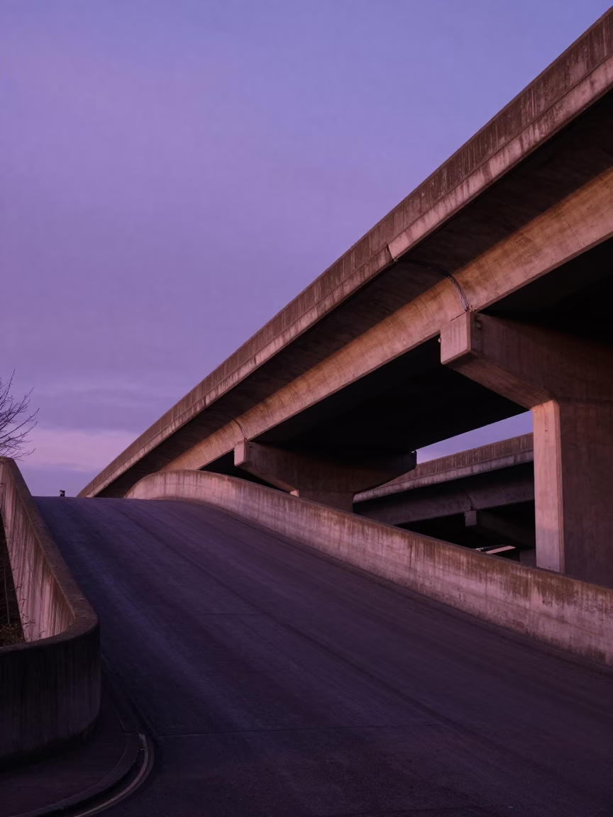 Bristol UK Overpass Interchange Ramp Slicing Violet Evening Sky Before Dusk in in Bristol, United Kingdom