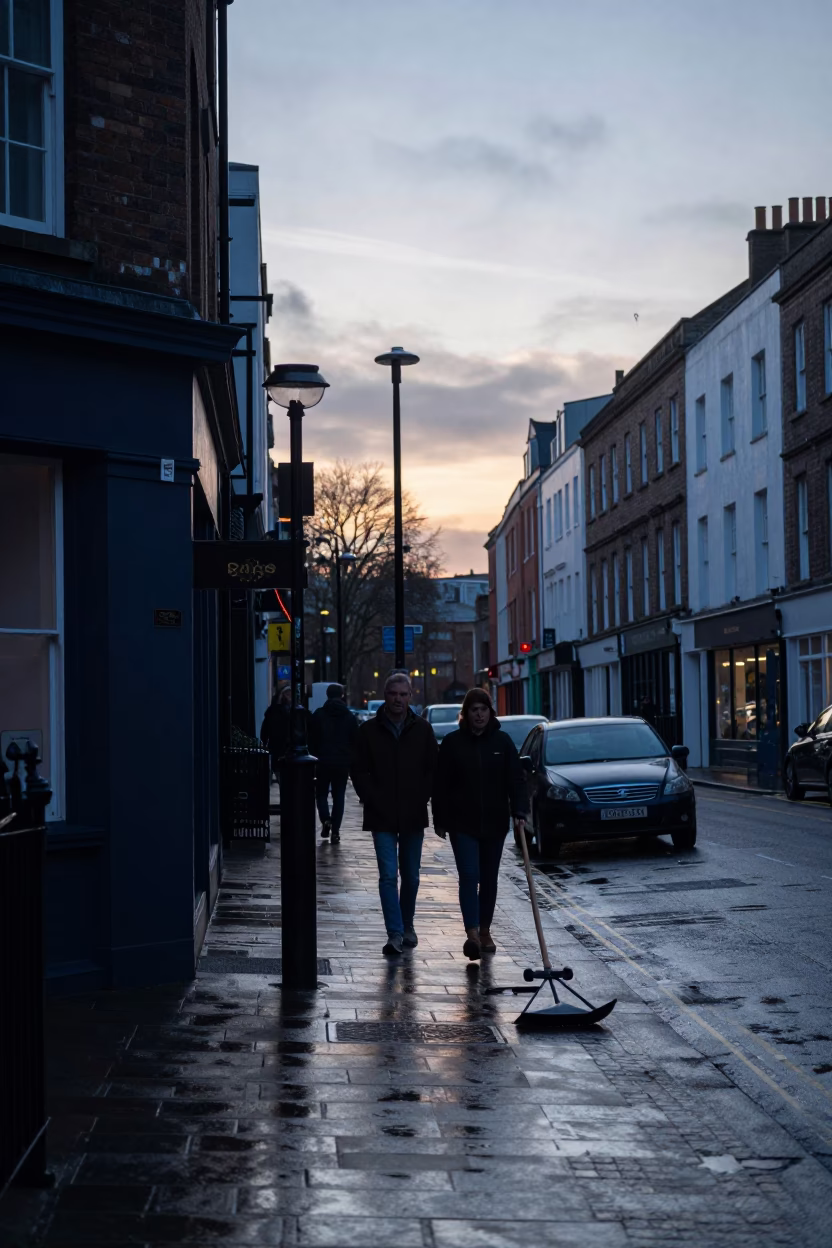 Bristol UK Pre-Dawn Street Scene with Boot Scraper and Wet Asphalt Before Sunrise in in Bristol, United Kingdom