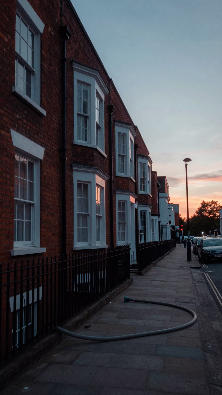 Bristol UK pre-dawn street scene with hose nozzle and urban infrastructure in in Bristol, United Kingdom