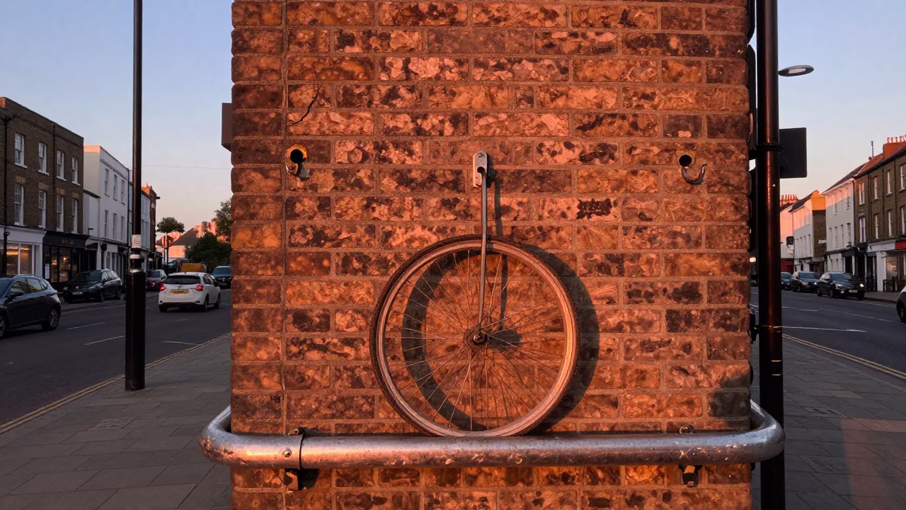 Bristol United Kingdom Dusk Street Scene with Dented Metal Rim and Wall Hook in in Bristol, United Kingdom