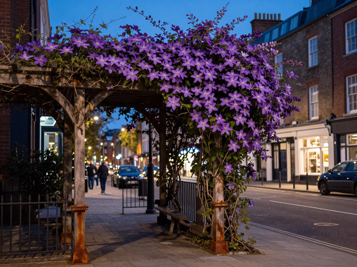 Bristol United Kingdom Evening Street Scene with Clematis Pergola and Rusty Drain in in Bristol, United Kingdom