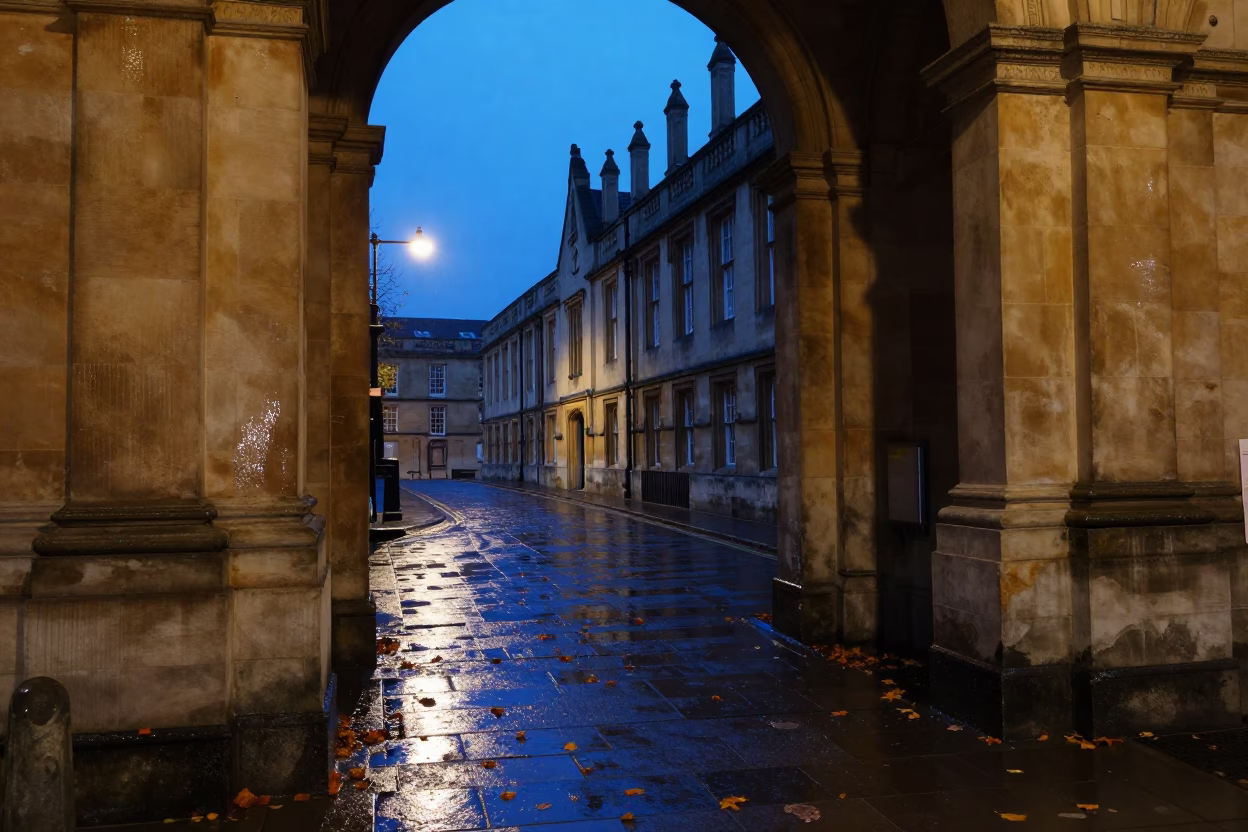 Bristol University Arcade Wet Leaves Indigo Twilight Street Photography in in Bristol, United Kingdom