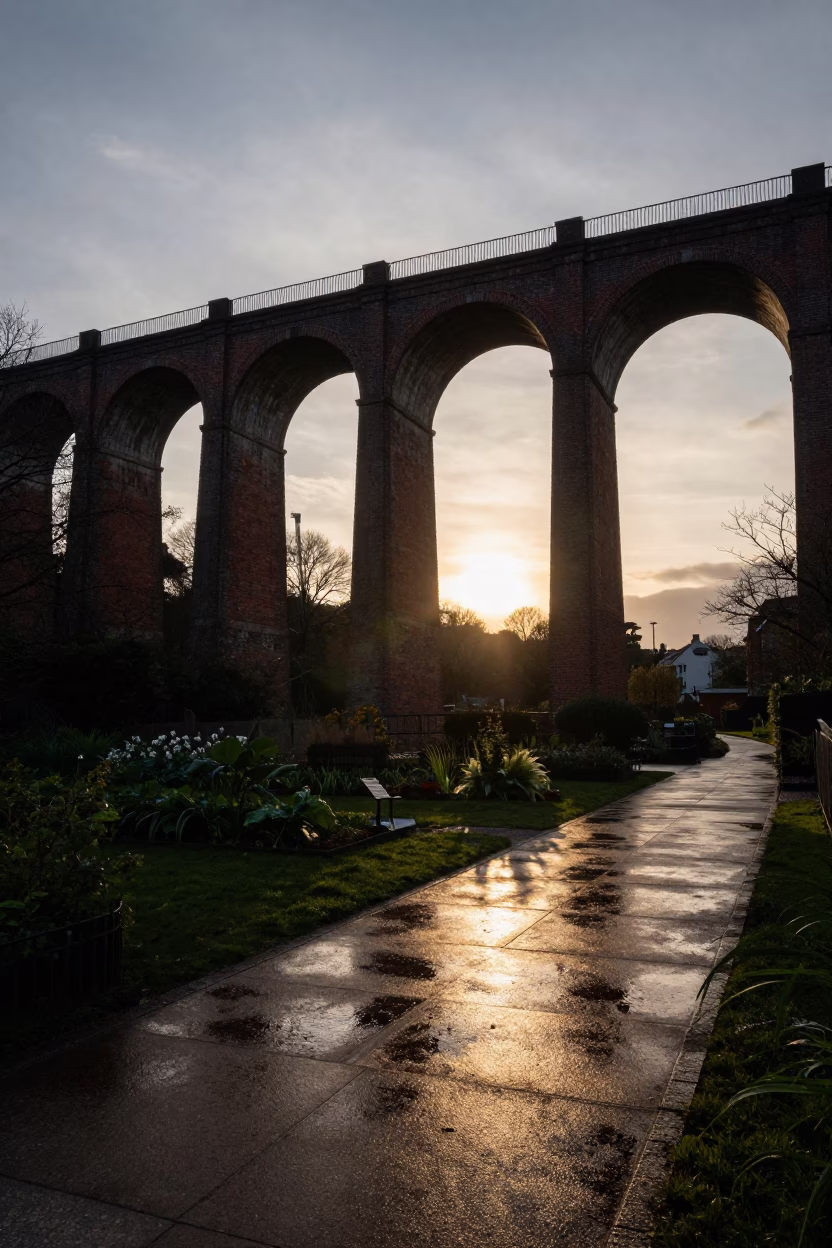 Bristol Viaduct Shadow Over Rain-Washed Allotment Gardens at Sunset in in Bristol, United Kingdom