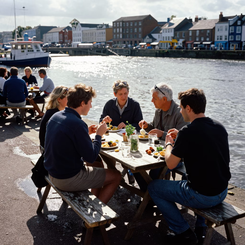 Bristol waterfront lunch scene with glass jar and herb garnish in in Bristol, United Kingdom