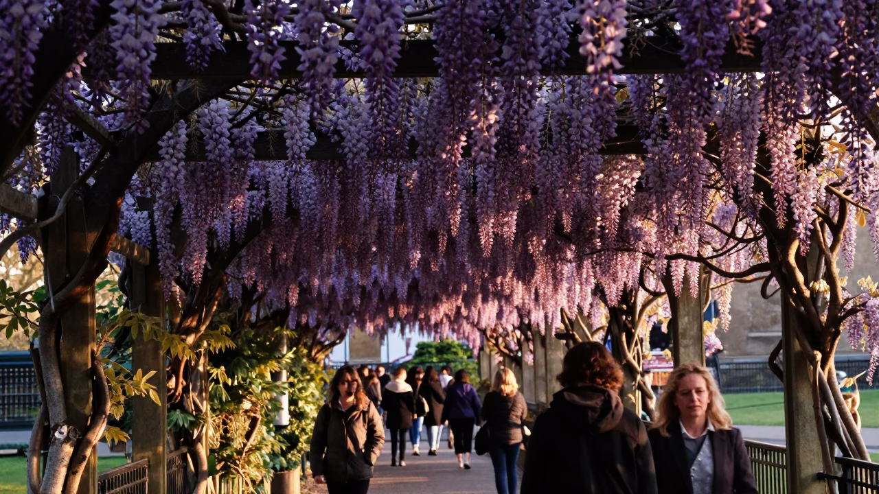 Bristol Wisteria Tunnel in Full Bloom During Late Afternoon Sunlight in in Bristol, United Kingdom