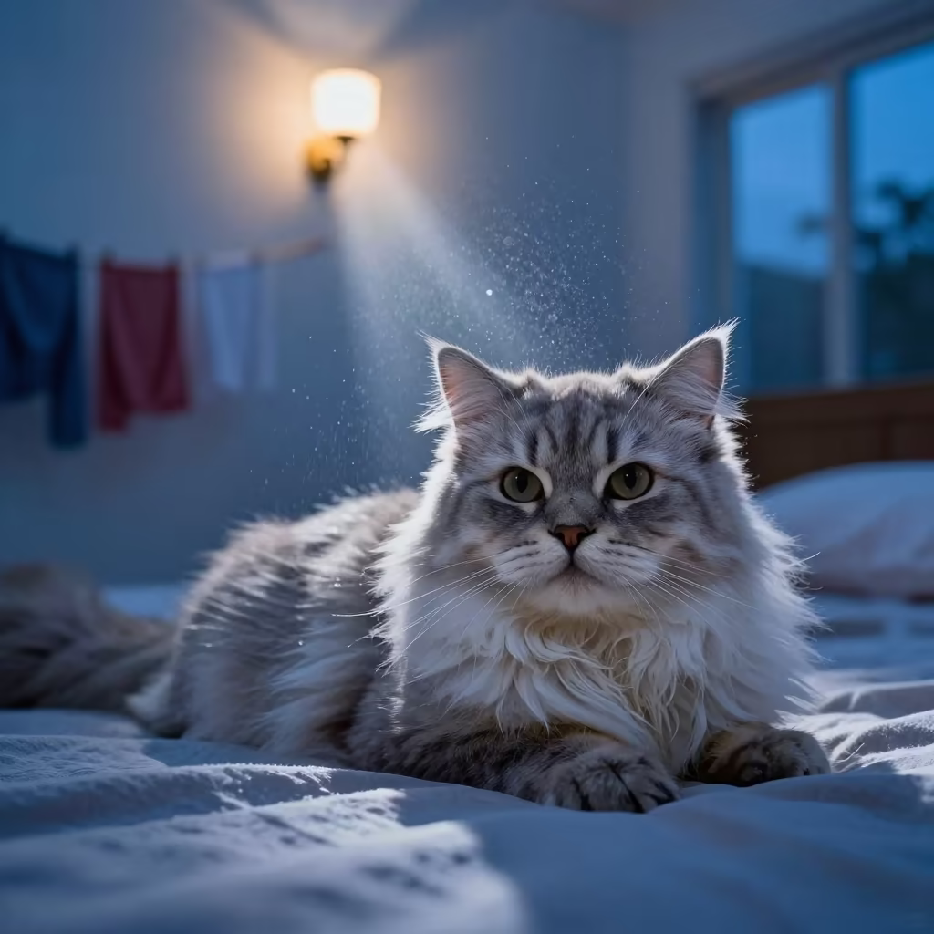 British Longhair Cat at Blue Hour Window Bissau in on a bedspread near a bright window with calm indoor light in Bissau