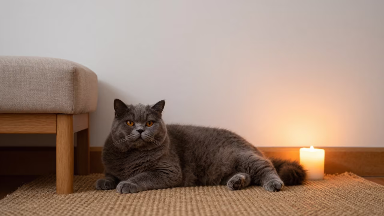 British Longhair Cat in Jodhpur Evening Glow in on a woven rug beside a low couch and an uncluttered wall in Jodhpur