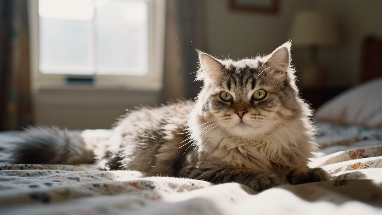 British Longhair Cat Lounging in Srinagar Bedroom in on a bedspread near a bright window with calm indoor light near Srinagar