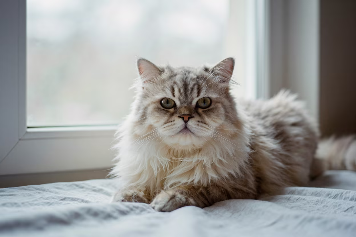 British Longhair Cat Lounging on Bedspread in on a bedspread near a bright window with calm indoor light in Fort Portal