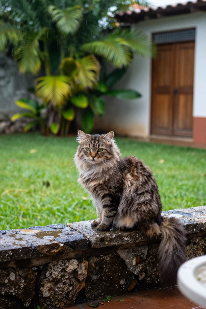 British Longhair Cat on Courtyard Wall in Higüey in in a small yard with clipped grass, calm light, and the animal centered in frame in Higüey