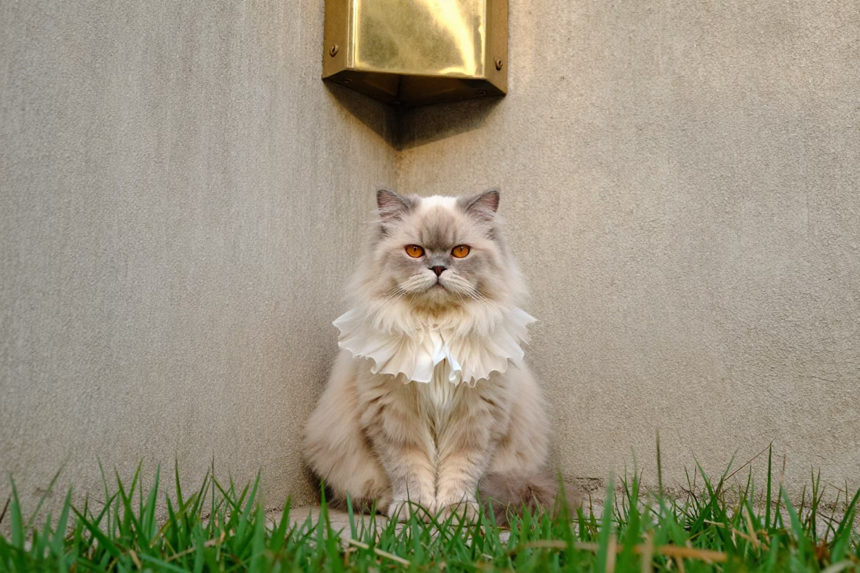 British Longhair Cat on Courtyard Wall in Ikeja in in a small yard with clipped grass, calm light, and the animal centered in frame near Ikeja