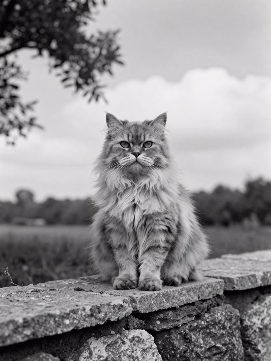 British Longhair Cat on Harbin Park Wall in along a quiet park path with soft open shade and a clean background in Harbin