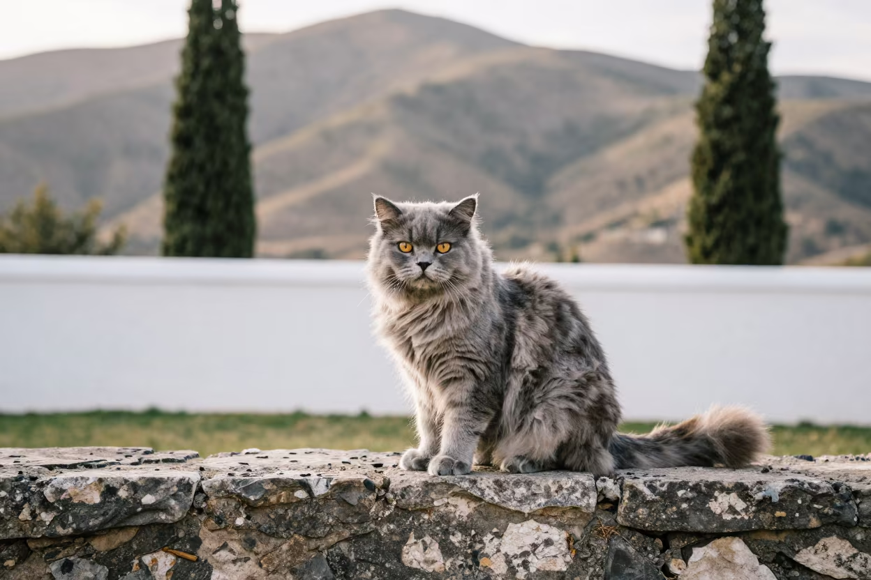 British Longhair Cat on San Angel Wall in in a small yard with clipped grass, calm light, and the animal centered in frame near San Angel, Mexico City