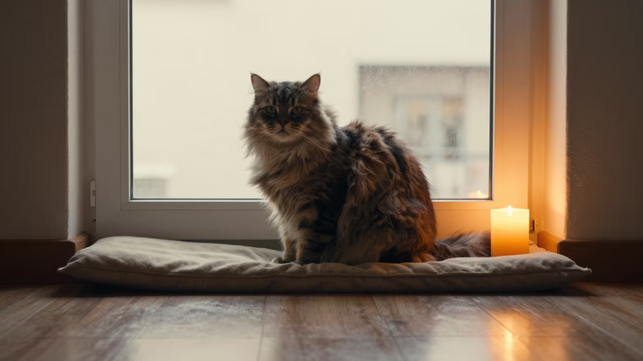 British Longhair Cat on Window Seat in Culiacán in on a window seat in a quiet apartment with soft side light in Culiacán
