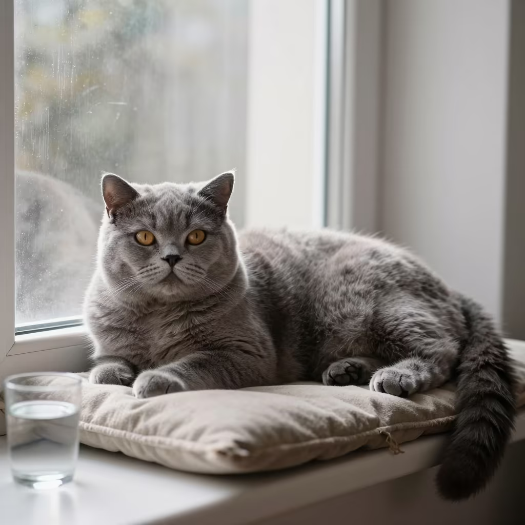 British Longhair Cat on Window Seat Morning Light in on a window seat in a quiet apartment with soft side light in Bago