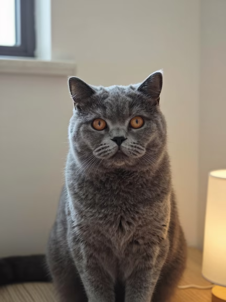 British Longhair Cat Portrait in Brescia in beside a plain plaster wall in soft indoor light with the animal centered in frame in Brescia