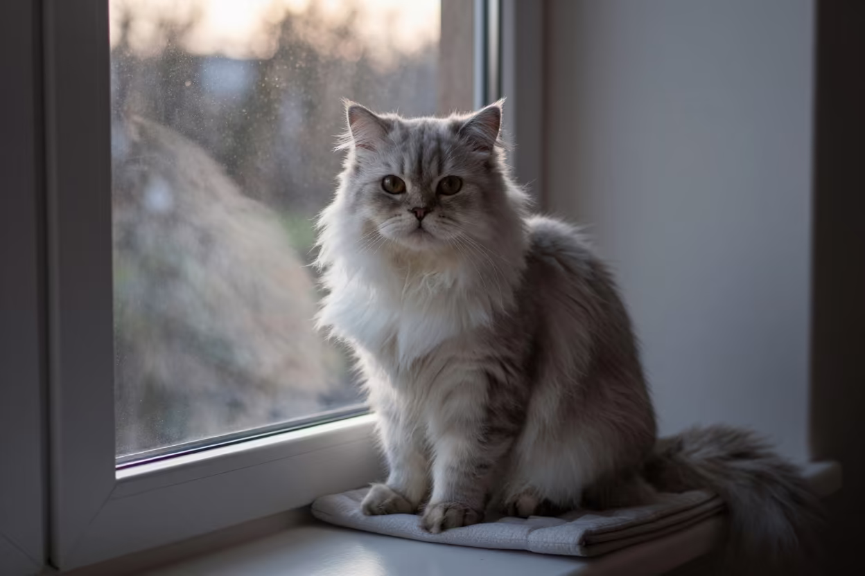 British Longhair Portrait on Window Seat at Sunset in on a cushioned window seat with soft side light and an uncluttered background near Adana