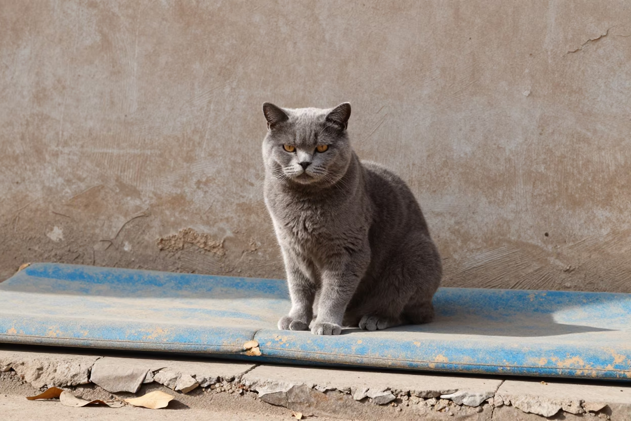 British Shorthair Cat by Larkana Courtyard Wall in beside a plain courtyard wall in clear daylight with the animal at eye level in Larkana