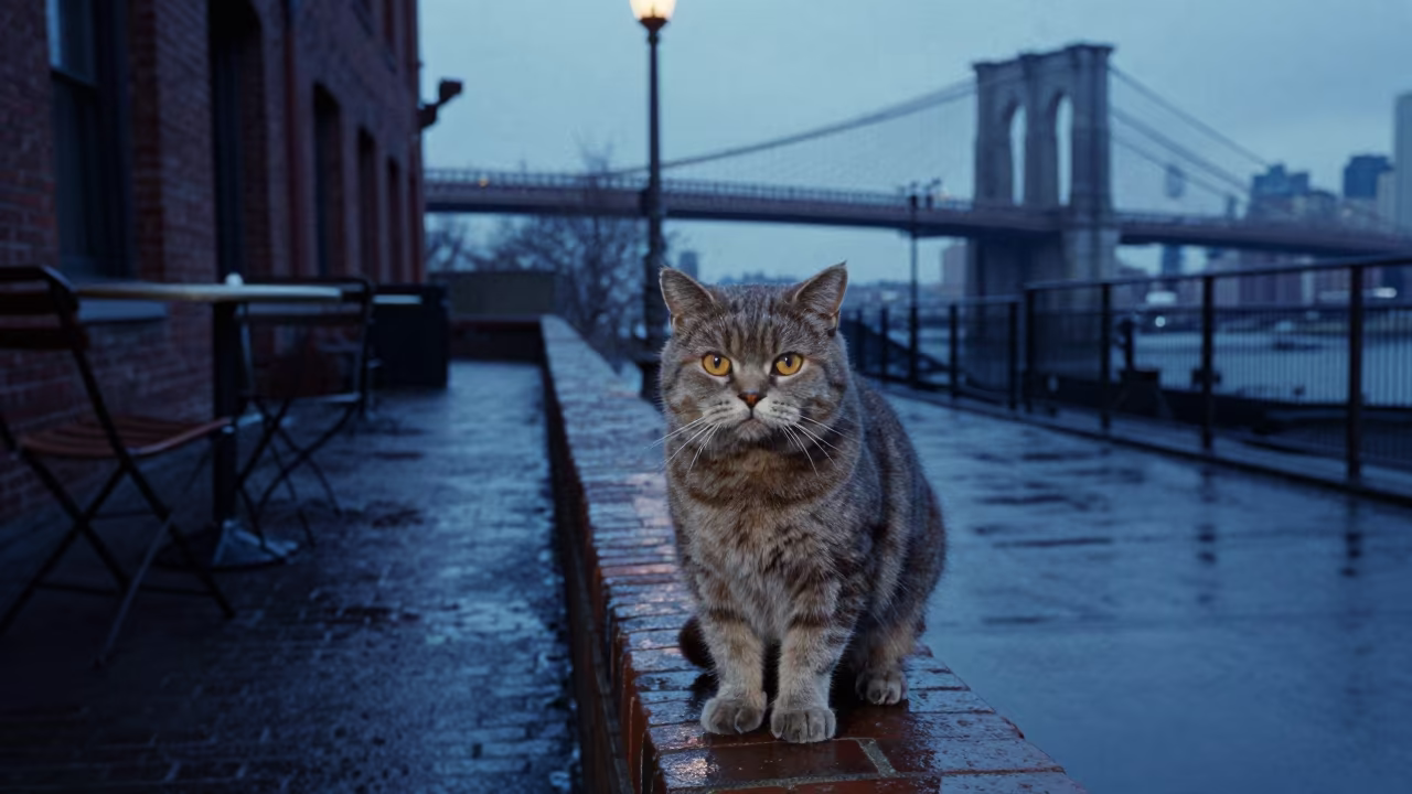 British Shorthair Cat in New York Winter Twilight in in a small yard with clipped grass, calm light, and the animal centered in frame in New York
