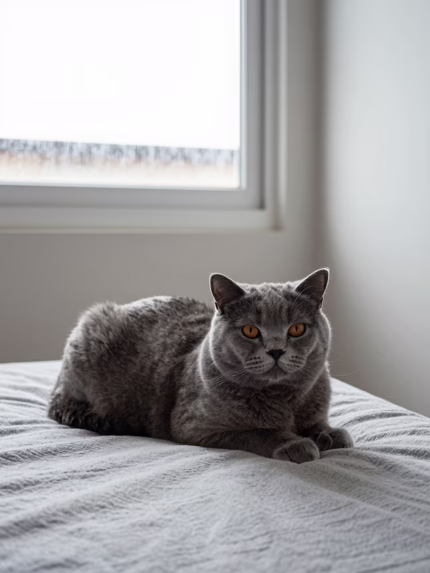 British Shorthair Cat Lounging on Bedspread Near Window in on a bedspread near a bright window with calm indoor light in Cabo San Lucas