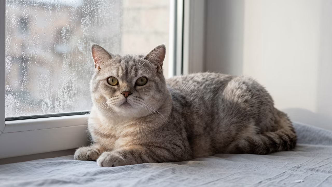 British Shorthair Cat Lounging on Bedspread in on a bedspread near a bright window with calm indoor light in Kumba