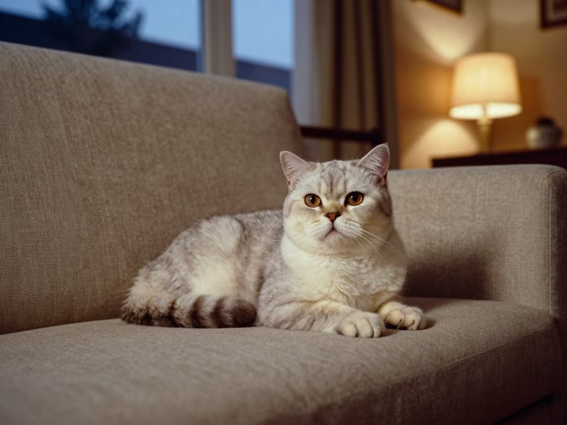 British Shorthair Cat on Linen Sofa in 1979 in on a linen sofa with daylight from a nearby window in Zhengzhou