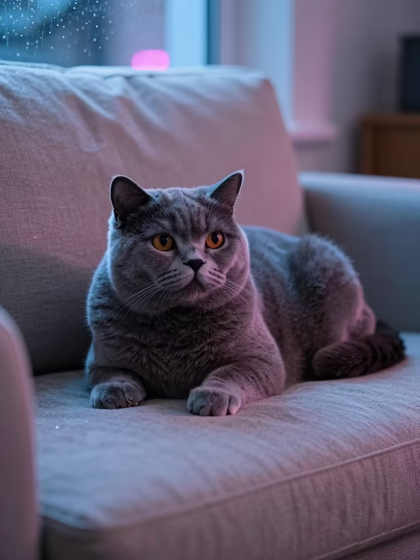 British Shorthair Cat on Linen Sofa Night in on a linen sofa with daylight from a nearby window near Santa Rita