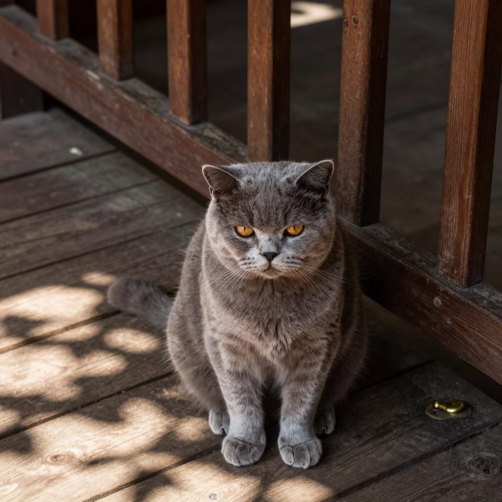 British Shorthair Cat on Manila Porch in Dappled Light in on a shaded front porch with boards, railings, and eye-level framing in Poblacion, Manila