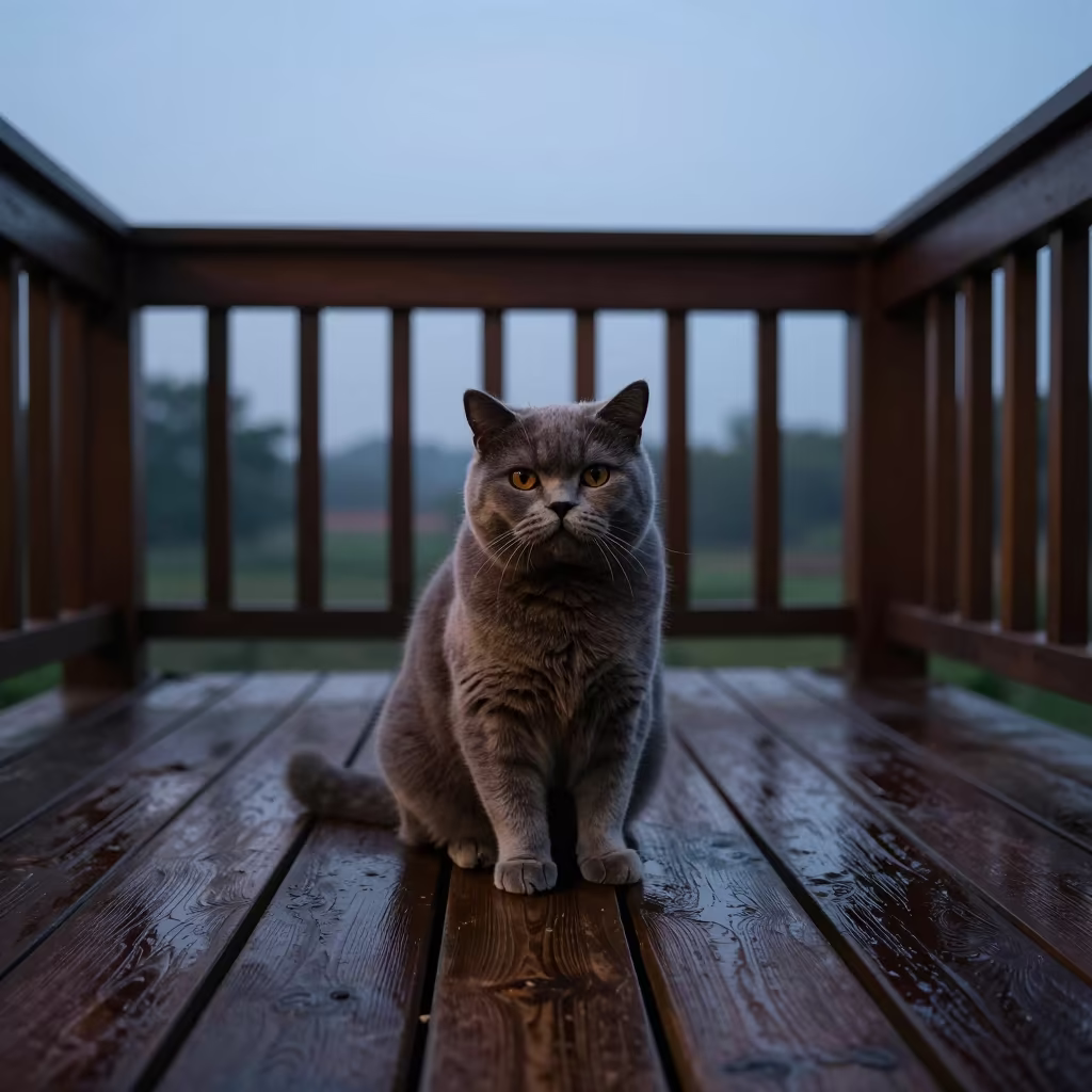British Shorthair Cat on Shaded Chandigarh Porch in on a shaded front porch with boards, railings, and eye-level framing in Chandigarh