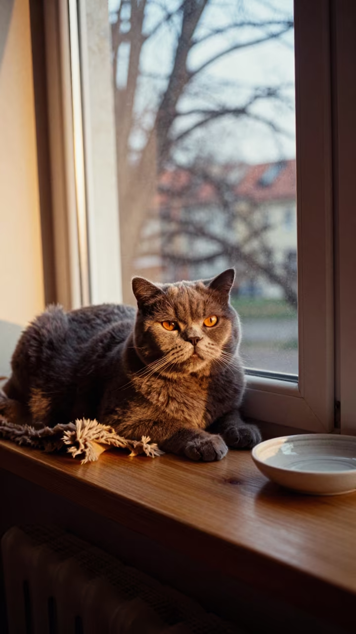 British Shorthair Cat on Window Seat in Wroclaw in on a window seat in a quiet apartment with soft side light in Wroclaw