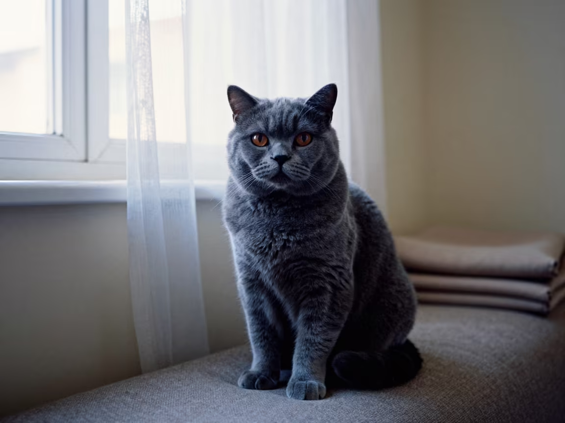 British Shorthair Cat Portrait Near Window in on a sofa near a curtained window with calm indoor light near Machakos